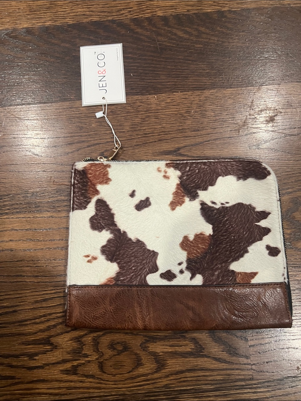 JEN & CO Cowhide Zip Clutch Wallet in Brown and White
